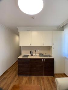 a kitchen with a sink and a large light at Garden studio Kent in Sveti Vlas