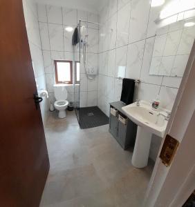 a bathroom with a sink and a shower and a toilet at Biddys cottage in Donegal