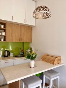 a kitchen with a counter with a vase of flowers on it at Srna Apartment - Bjelašnica in Bjelašnica