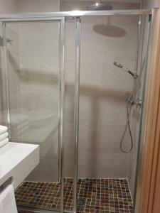 a shower with a glass door in a bathroom at Hostal Infantes in Toledo