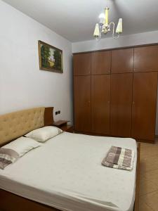 1 dormitorio con 1 cama grande y armarios de madera en Apartment City Center Best Price en Fier