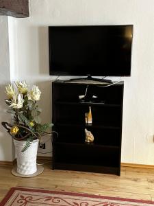 a black entertainment center with a flat screen tv on top at Ferienwohnung - Braustübchen Schlitz in Schlitz