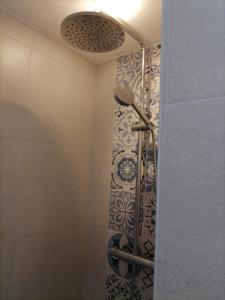 a bathroom with a shower with a shower curtain at Ravissante petite suite in Colmar