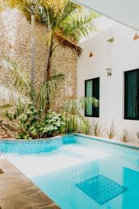 una piscina di fronte a un edificio con palme di Casa Dos Lirios Hotel Boutique a Mérida