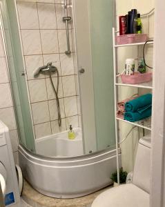 a bathroom with a shower and a toilet at Karja 5 Apartment in Narva-Jõesuu