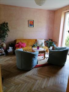 a living room with two chairs and a couch at Ravissante petite suite in Colmar