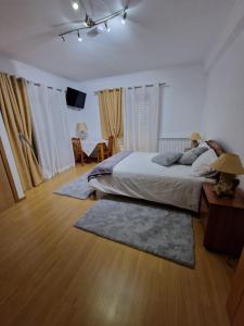um quarto com uma cama e uma mesa com uma televisão em Recanto da Serra - Alojamento Local em Lousã