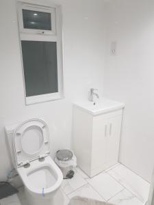 a white bathroom with a toilet and a sink at Family Lodge, Princess Lodge, Executive Lodge, Master's Lodge in Seven Kings