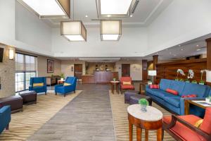 カールスバッドにあるComfort Suites Carlsbadの青いソファと椅子が備わる病院のロビー