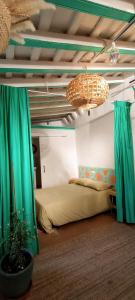 a bedroom with a bed and green curtains at La Plaza de Conil in Conil de la Frontera