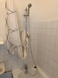 a bathroom with a bath tub with a shower head at Appartement lumineux et central in Nantes