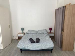 a bedroom with a bed with two shoes on it at Appartement lumineux et central in Nantes