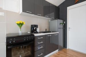  La cuisine est équipée d'une cuisinière noire et d'un réfrigérateur. dans l'établissement Family friendly house with a parking space Imotski, Zagora - 21150, à Podbablje 6 autres photos