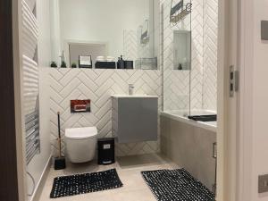 een badkamer met een toilet, een wastafel en een spiegel bij Luxury 2 bedroom Flat Sutton in Sutton