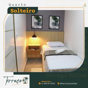 a poster of a bedroom with a bed and a mirror at Hotel Terraço Suítes in União dos Palmares