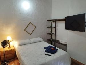 Schlafzimmer mit einem weißen Bett und einem TV in der Unterkunft Casa Hostal Colonial VaraEchada in Barichara