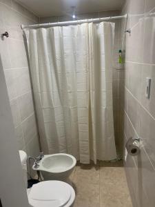 a bathroom with a toilet and a shower and a sink at Departamento Kuyen in Malargüe +6 photos
