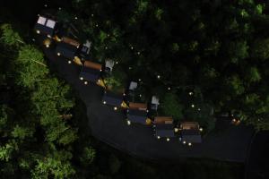 einen Blick über eine Straße mit Bäumen und Lichtern in der Unterkunft Fuji Fumoto Forest Hotspring ふもとの森温泉 in Fujikawaguchiko