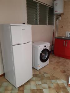 um frigorífico branco e uma máquina de lavar roupa na cozinha em Les ptits flamboyants em Basse-Terre