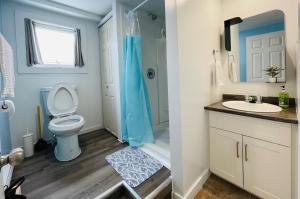 a bathroom with a toilet and a shower and a sink at Niseko Riverside By Zen Life 4Bedrooms 1Bath Greenie Cottage and 3bedrooms 2bath Cowie Cottage in New Glasgow