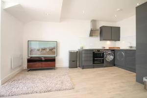 a living room with a television and a kitchen at 1 bedroom beachfront apartment in Monkwearmouth