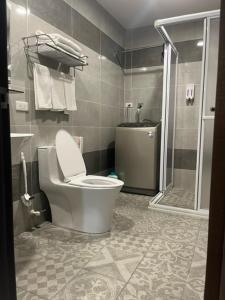 a bathroom with a toilet and a shower at 里Mi背包青旅 Hostel in Fuli