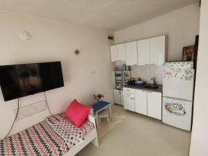 a small kitchen with a couch with a red pillow at Apartment Ain Naum in Ohrid