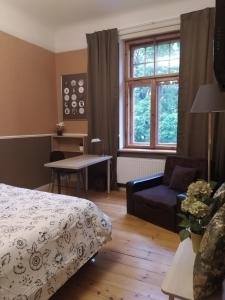 1 dormitorio con cama, sofá y ventana en Julia Lacplesa Apartments, en Riga