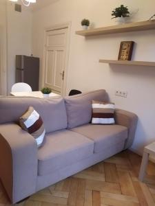 una sala de estar con un sofá púrpura en una habitación en Julia Lacplesa Apartments, en Riga