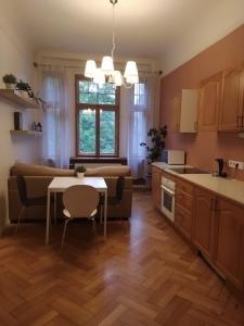 a kitchen and living room with a table and a couch at Julia Lacplesa Apartments in Rīga