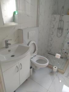 een witte badkamer met een toilet en een wastafel bij Apartment Blue Adriatic Tivat in Tivat