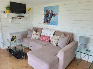 uma sala de estar com um sofá e uma televisão de ecrã plano em Brondini View Cabin (Private Garden and Hot Tub) em Brondini