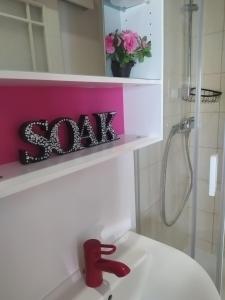 a bathroom with a sink and a sign on a shelf at Julia Lacplesa Apartments in Rīga