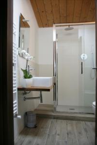 a bathroom with a shower and a white sink at Maison Rosina con ampia vista in borgo del 1400 in Marsciano