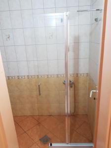a shower with a glass door in a bathroom at Lara apartment in Ohrid