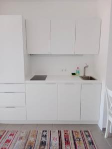 eine weiße Küche mit einem Waschbecken und weißen Schränken in der Unterkunft Storchencamp Gästehaus Purbach in Purbach am Neusiedlersee