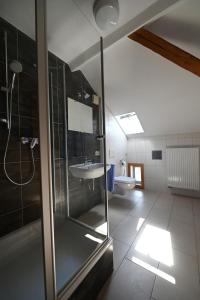 a bathroom with a glass shower and a sink at Gasthaus Landbrecht in Freising