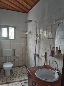 Deux-Palmes-Kribi, proche de la plage, confortable et adapté aux familles في كريبي: حمام مع مرحاض ومغسلة