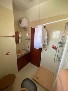 a bathroom with a shower and a toilet and a sink at Casetta Marina Residence in Santa Luria