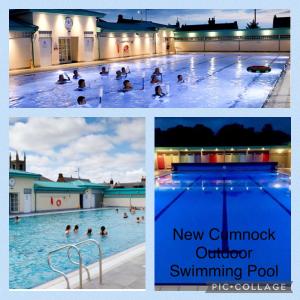 un collage de fotos de personas nadando en una piscina en Maneight Luxury Lodge with hot tub, en New Cumnock