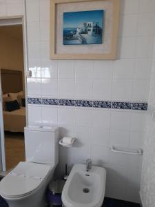 baño con aseo y una foto en la pared en Elodie's Country House - Alojamento Local en Grândola
