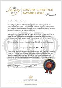 a letter from the library luxury lifestyle awards with a certificate at Sky D'Mont Suites in Genting Highlands