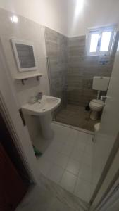 W łazience znajduje się umywalka, prysznic i toaleta. w obiekcie Kessaris Apartments w mieście Chrani