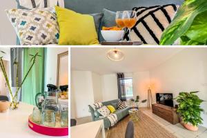 eine Collage mit Fotos von einem Wohnzimmer und einem Esszimmer in der Unterkunft Le Gite 1 - Appartement T2 de 53m2, idéal pro ou couples, coeur de ville et proche GOLFECH in Malause