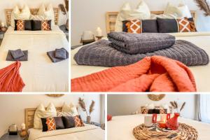 eine Collage mit vier Bildern eines Schlafzimmers in der Unterkunft Le Gite 1 - Appartement T2 de 53m2, idéal pro ou couples, coeur de ville et proche GOLFECH in Malause + 4 Fotos