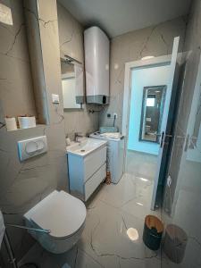 a bathroom with a white toilet and a sink at Apartman Lana&Bruno in Mandre