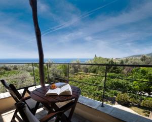 a book on a table on a balcony with a view of the ocean at Alkifron Hotel in Kala Nera
