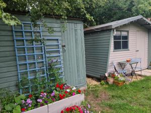 un jardín con un cobertizo verde y algunas flores en The Potting Shed, en Manuden