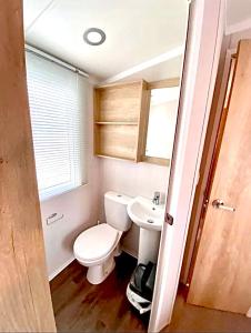 a bathroom with a toilet and a sink at Private Lakeside Cabin in St Austell
