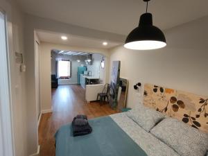 a room with a bed and a couch and a kitchen at Loft céntrico y cerca a la Catedral in Burgos